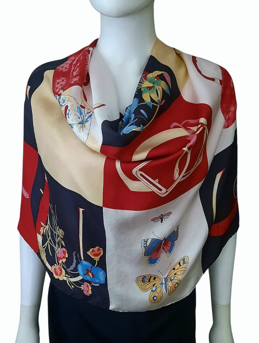 Vintage GUCCI Multi Icons Logo Print Silk Square Scarf 35" Red/Black/Multi
